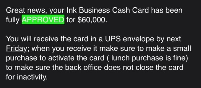 Approval notice for an Ink Business Cash Card at $60,000