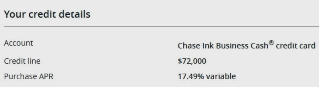 Chase credit details page showing a credit line of $72,000
