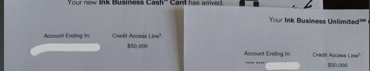 Two Chase Ink card letters, each showing a $50,000 credit access line
